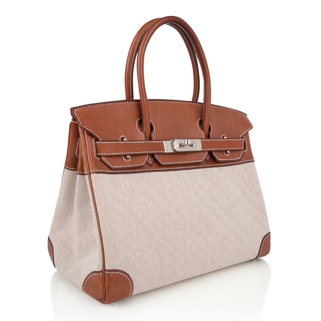 Birkin 30 Bag Toile / Barenia Leather Palladium w/ Crinoline Bag Charm