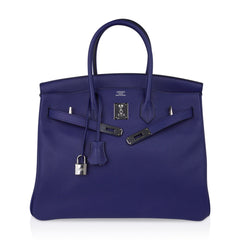 Limited Edition Birkin 35 Bag Blue Sapphire Taurillon Novillo Leather & Toile Sea Surf & Fun