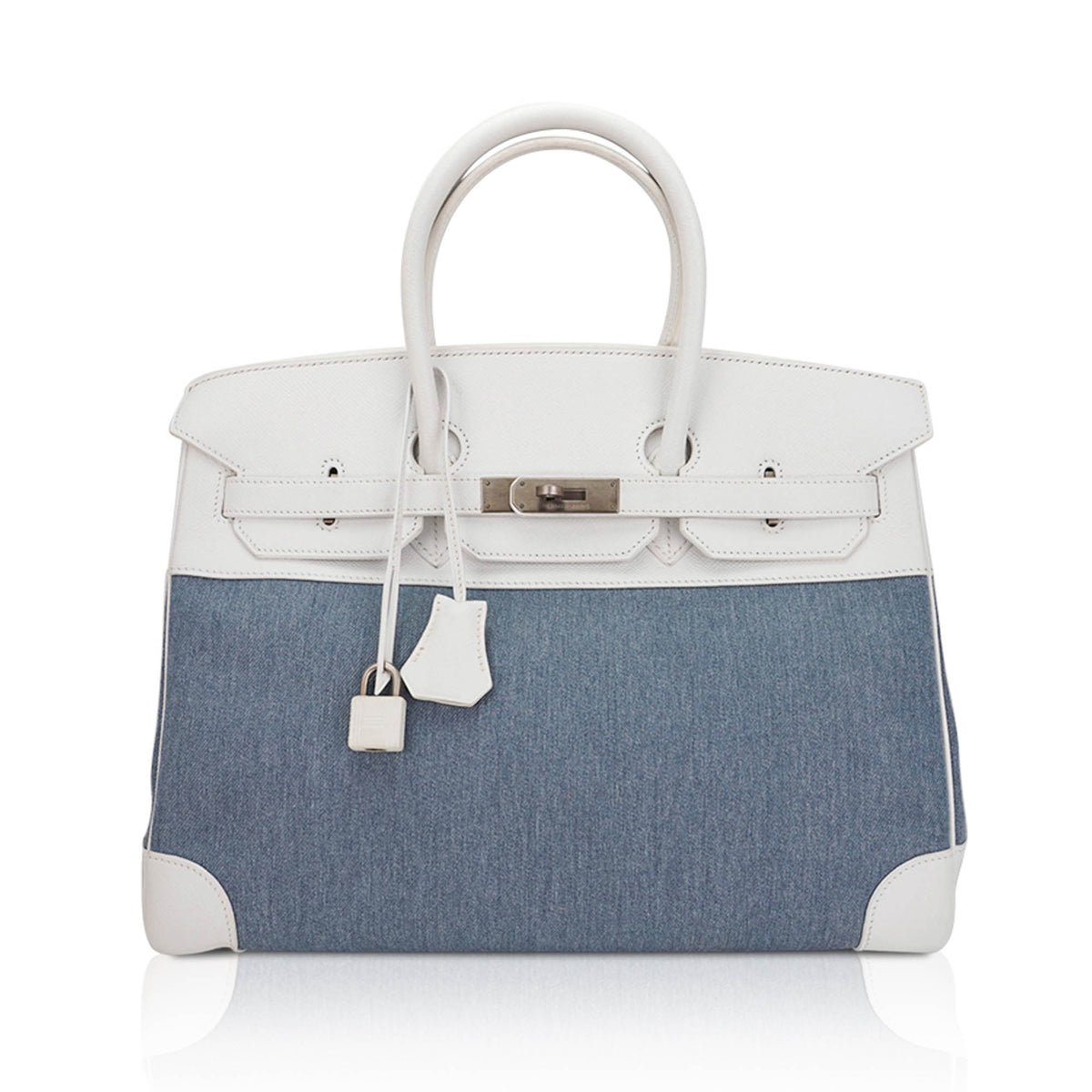 Limited Edition Vintage Birkin 35 Blue Denim Toile White Epsom Leather with Brushed Palladium Hardware