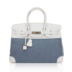 Limited Edition Vintage Birkin 35 Blue Denim Toile White Epsom Leather with Brushed Palladium Hardware
