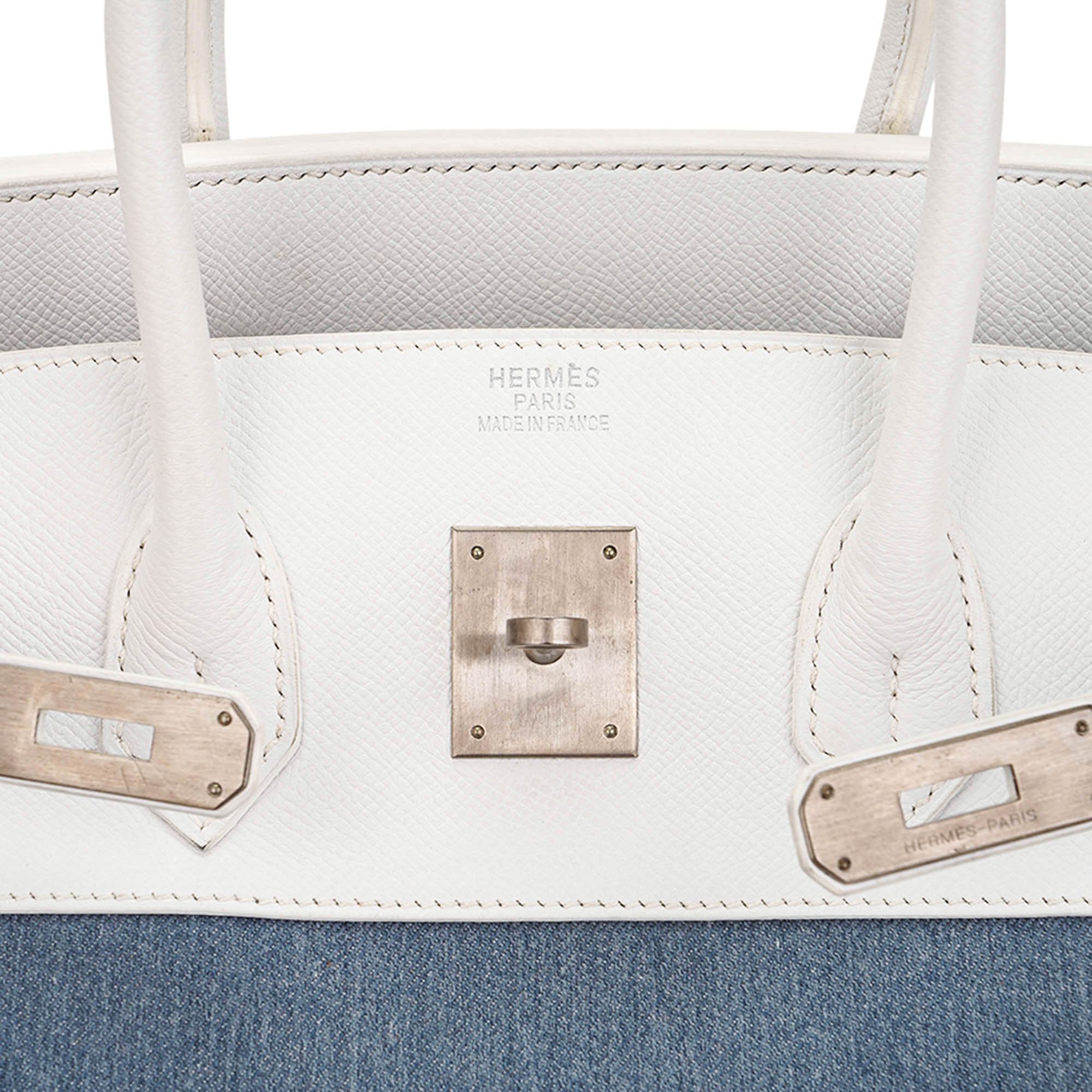 Limited Edition Vintage Birkin 35 Blue Denim Toile White Epsom Leather with Brushed Palladium Hardware