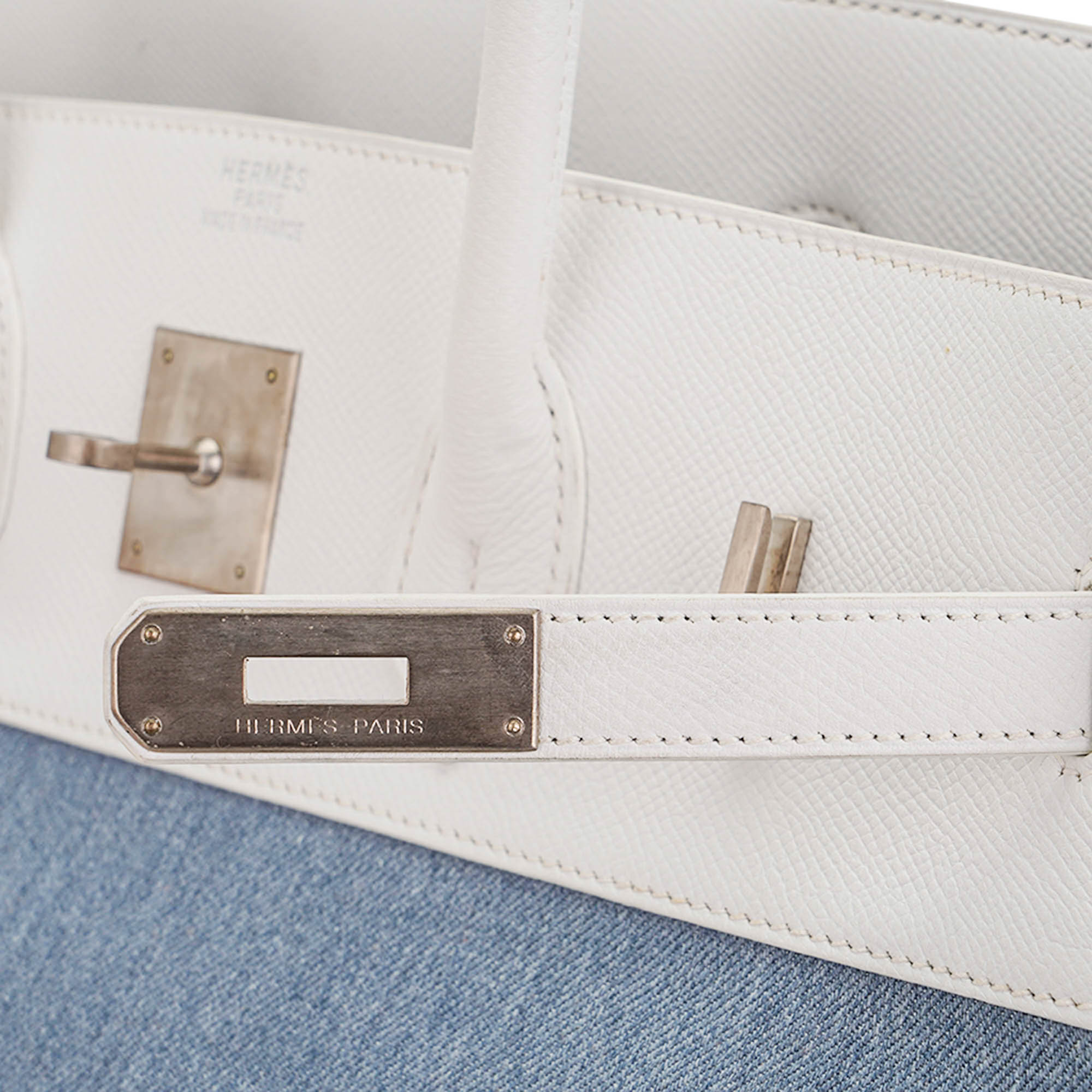 Limited Edition Vintage Birkin 35 Blue Denim Toile White Epsom Leather with Brushed Palladium Hardware