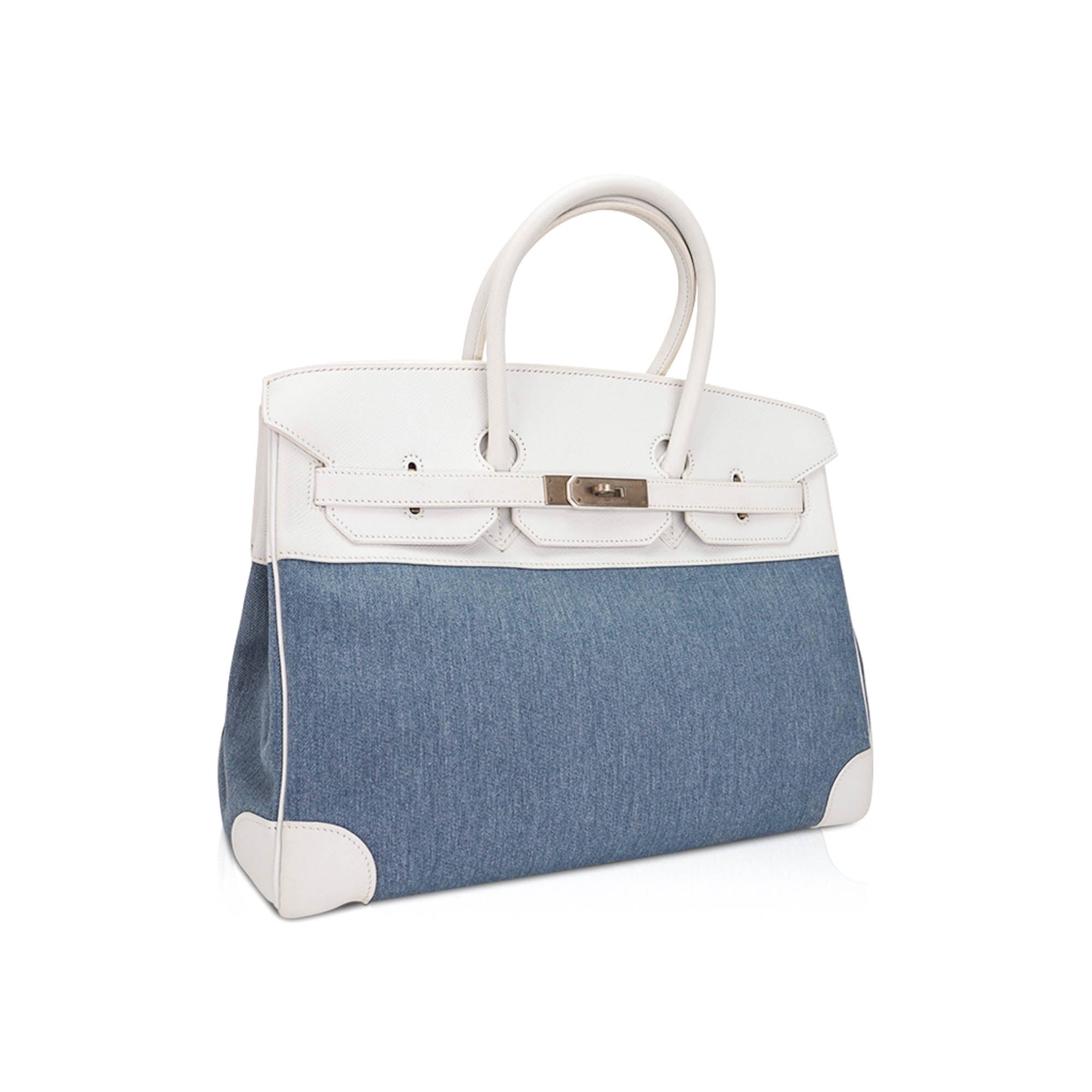 Limited Edition Vintage Birkin 35 Blue Denim Toile White Epsom Leather with Brushed Palladium Hardware