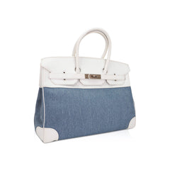 Limited Edition Vintage Birkin 35 Blue Denim Toile White Epsom Leather with Brushed Palladium Hardware