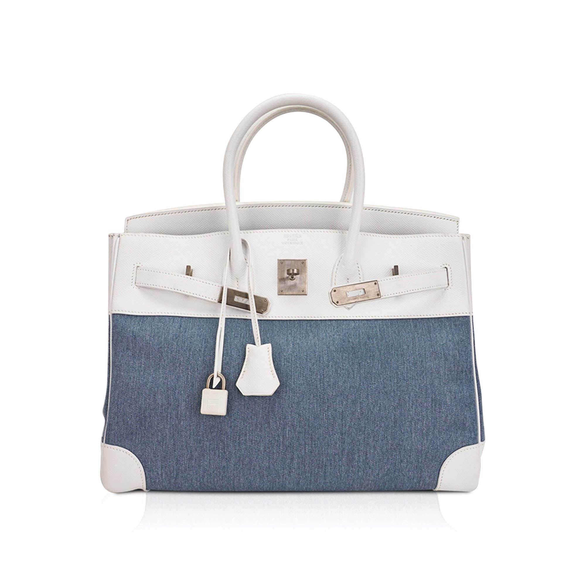 Limited Edition Vintage Birkin 35 Blue Denim Toile White Epsom Leather with Brushed Palladium Hardware