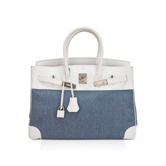 Limited Edition Vintage Birkin 35 Blue Denim Toile White Epsom Leather with Brushed Palladium Hardware