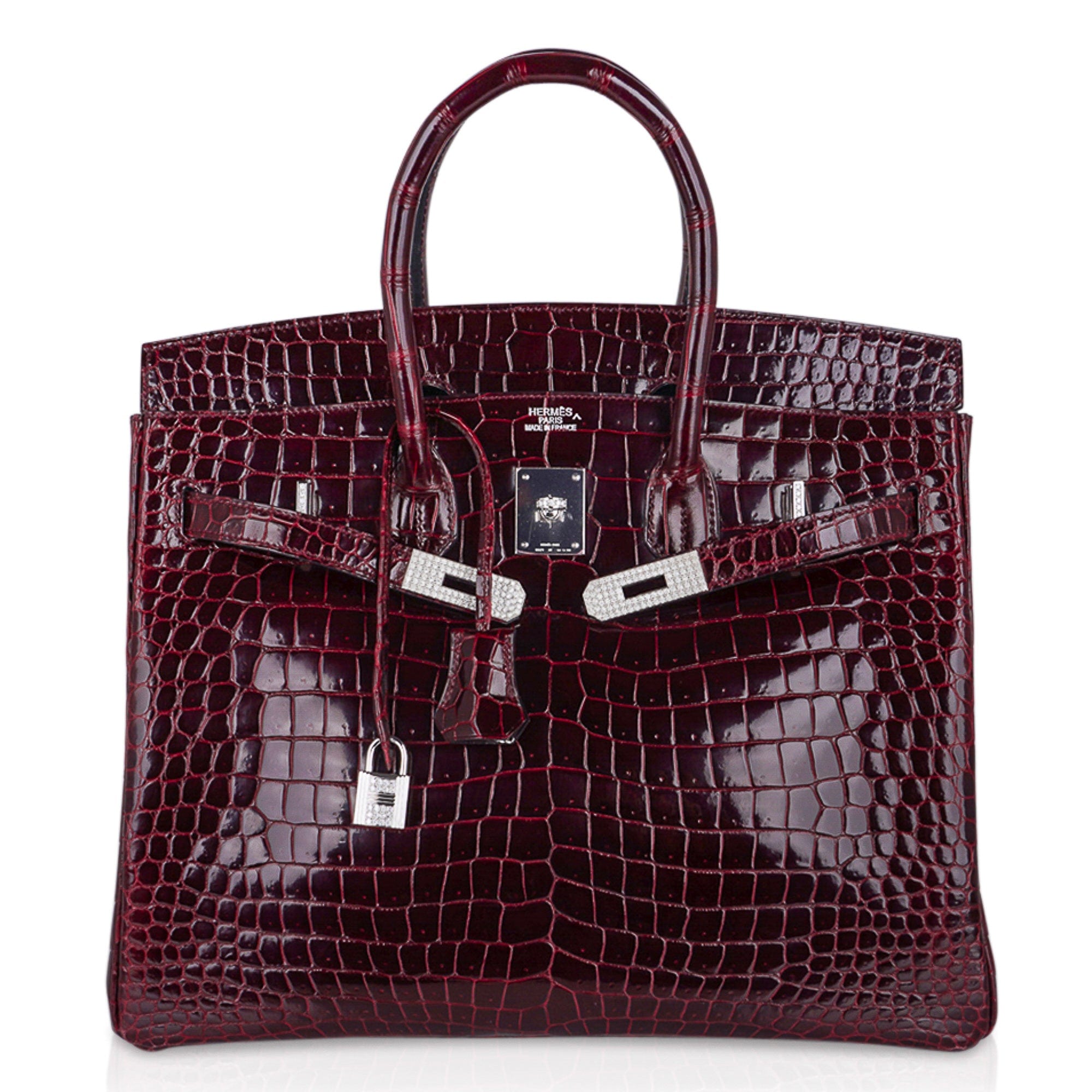 Birkin 35 Bag Diamond Bordeaux Porosus Crocodile with White Gold Hardware