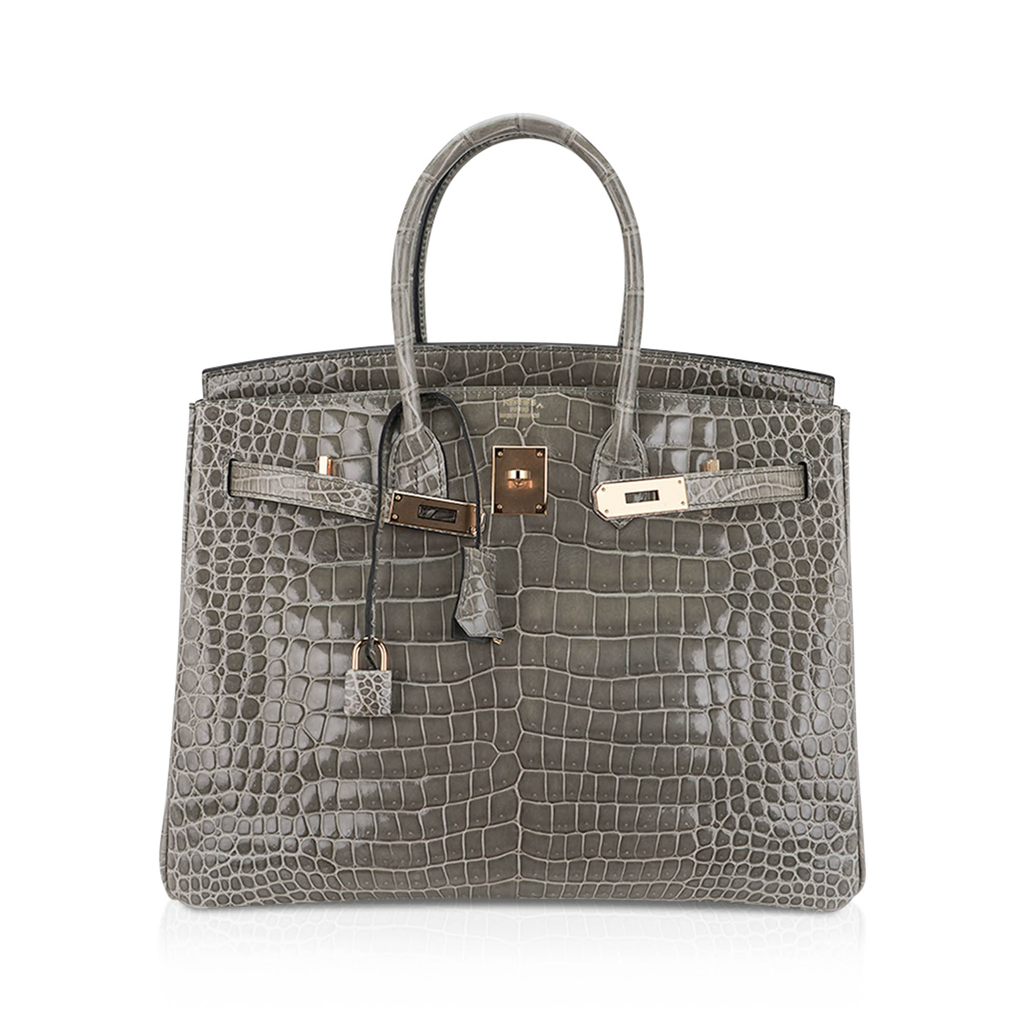 Birkin 35 Bag Gris Tourterelle Porosus Crocodile with Gold Hardware