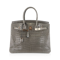 Birkin 35 Bag Gris Tourterelle Porosus Crocodile with Gold Hardware