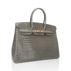 Birkin 35 Bag Gris Tourterelle Porosus Crocodile with Gold Hardware