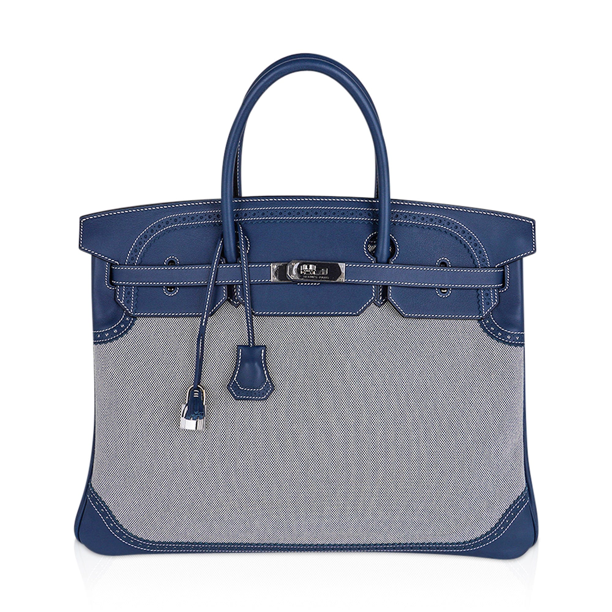 Birkin Limited Edition 40 Ghillies Bag Blue de Prusse Blue Toile with Palladium Hardware