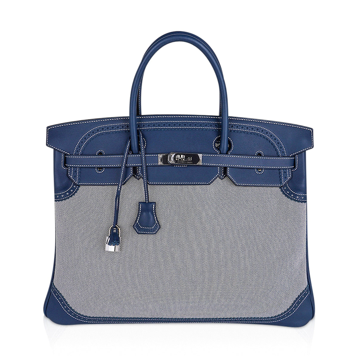 Birkin Limited Edition 40 Ghillies Bag Blue de Prusse Blue Toile with Palladium Hardware