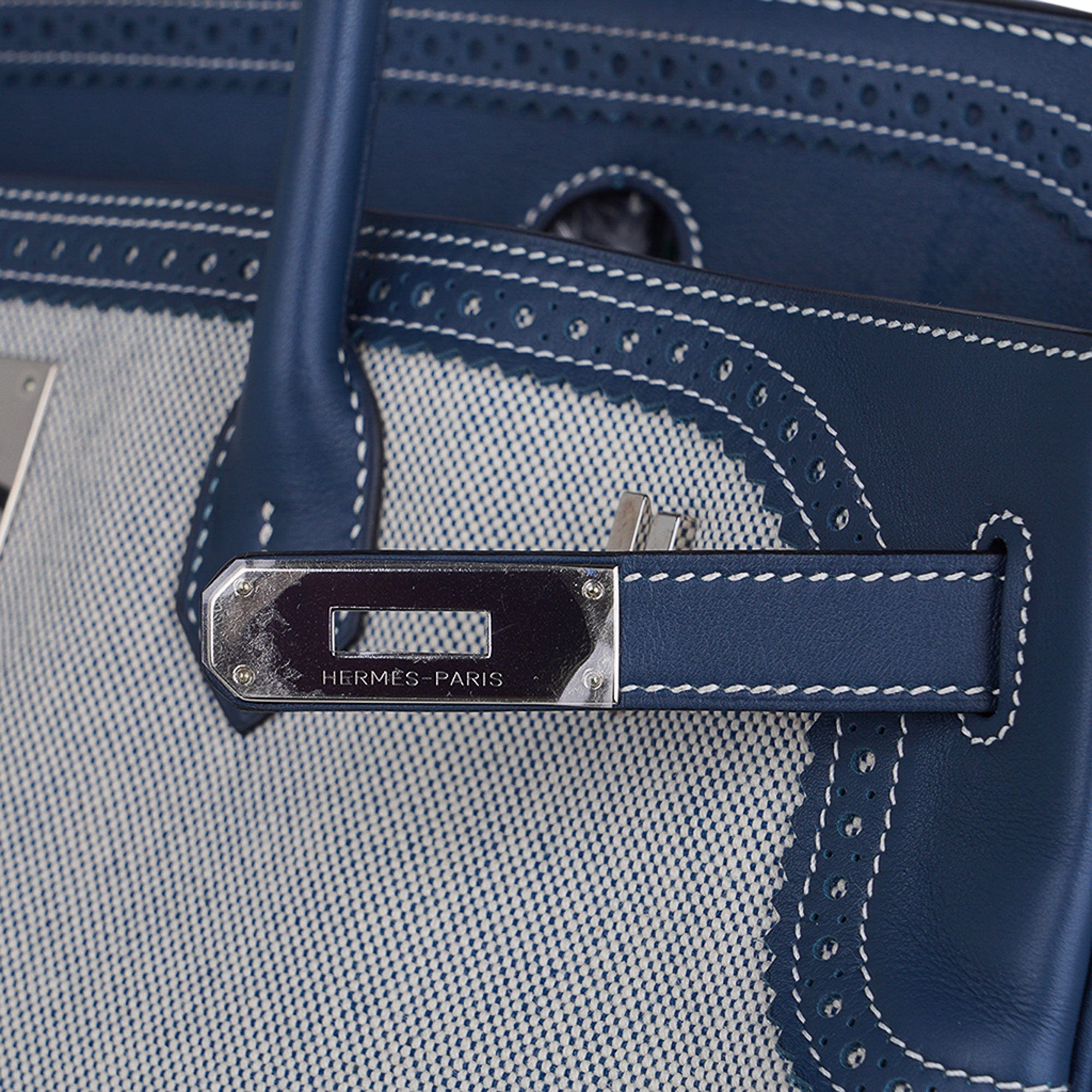 Birkin Limited Edition 40 Ghillies Bag Blue de Prusse Blue Toile with Palladium Hardware