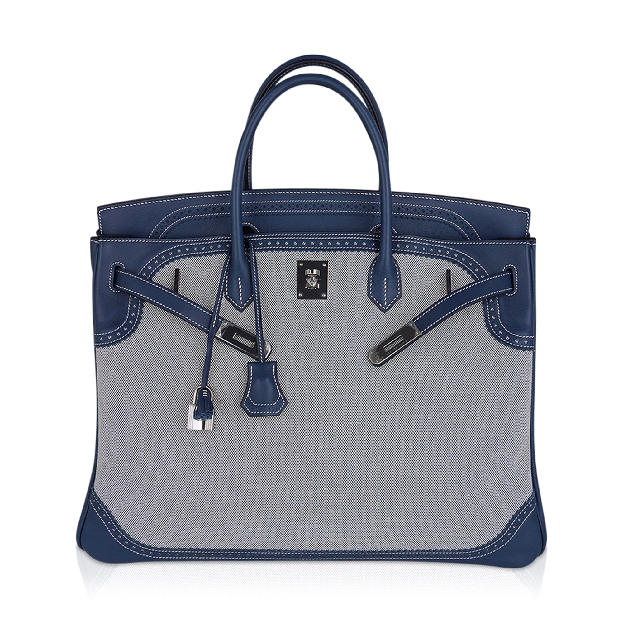 Birkin Limited Edition 40 Ghillies Bag Blue de Prusse Blue Toile with Palladium Hardware