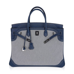 Birkin Limited Edition 40 Ghillies Bag Blue de Prusse Blue Toile with Palladium Hardware