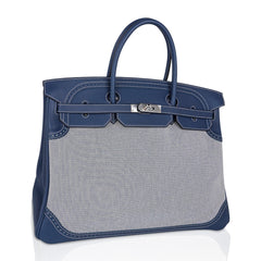 Birkin Limited Edition 40 Ghillies Bag Blue de Prusse Blue Toile with Palladium Hardware
