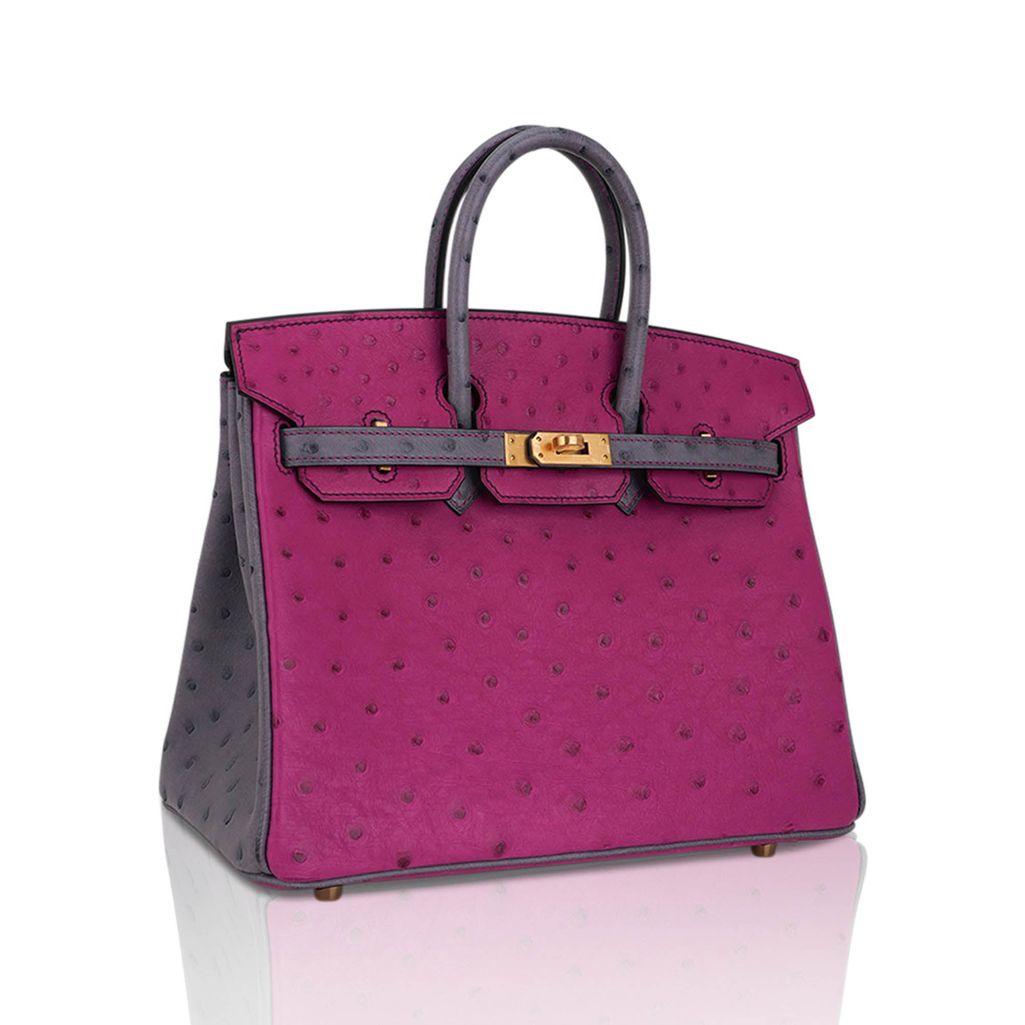 Birkin HSS 25 Bag Rose Pourpre and Gris Agate Ostrich with Gold Hardware