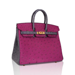 Birkin HSS 25 Bag Rose Pourpre and Gris Agate Ostrich with Gold Hardware
