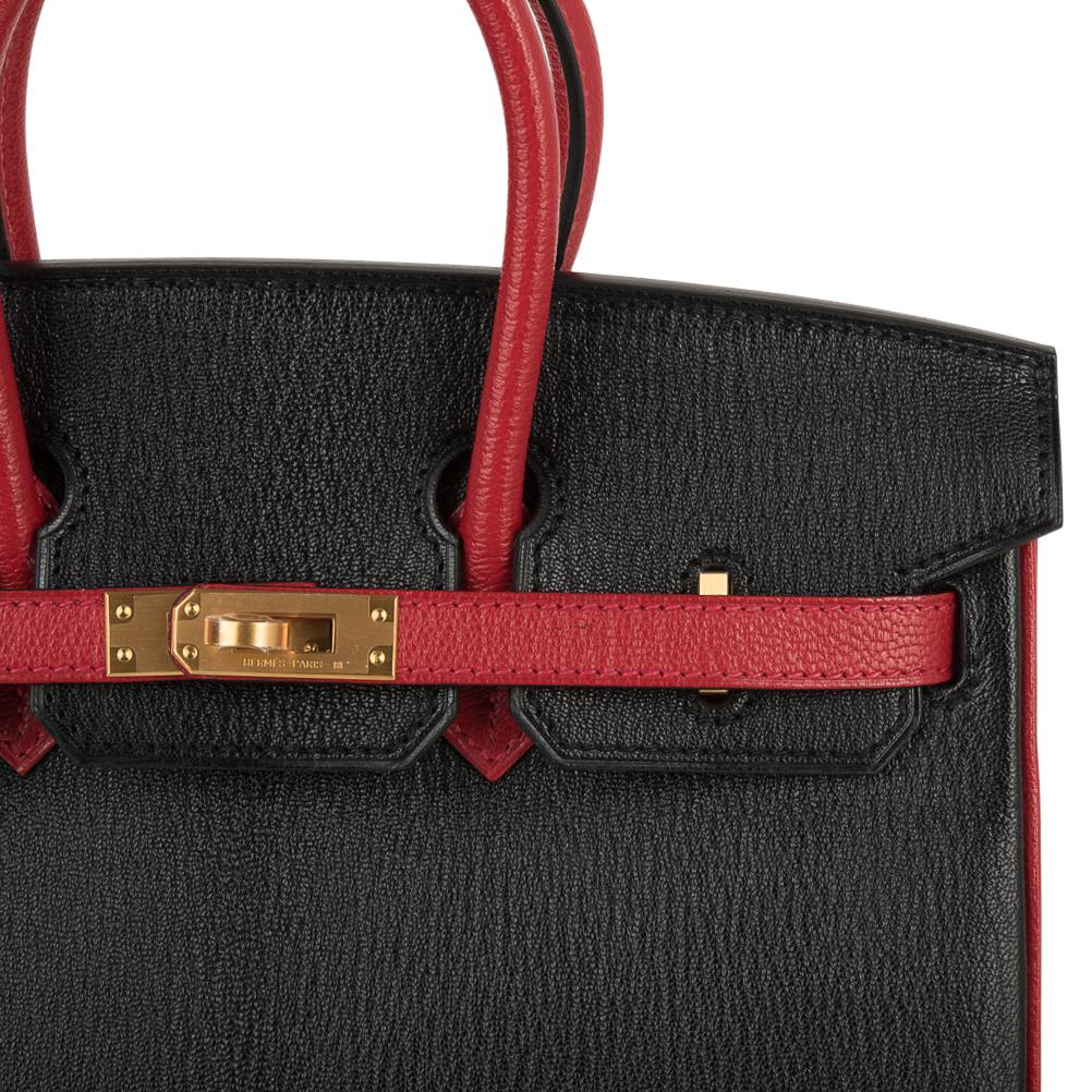 Birkin HSS 25 Bag Noir / Rouge Casaque Chevre Brushed Gold Hardware
