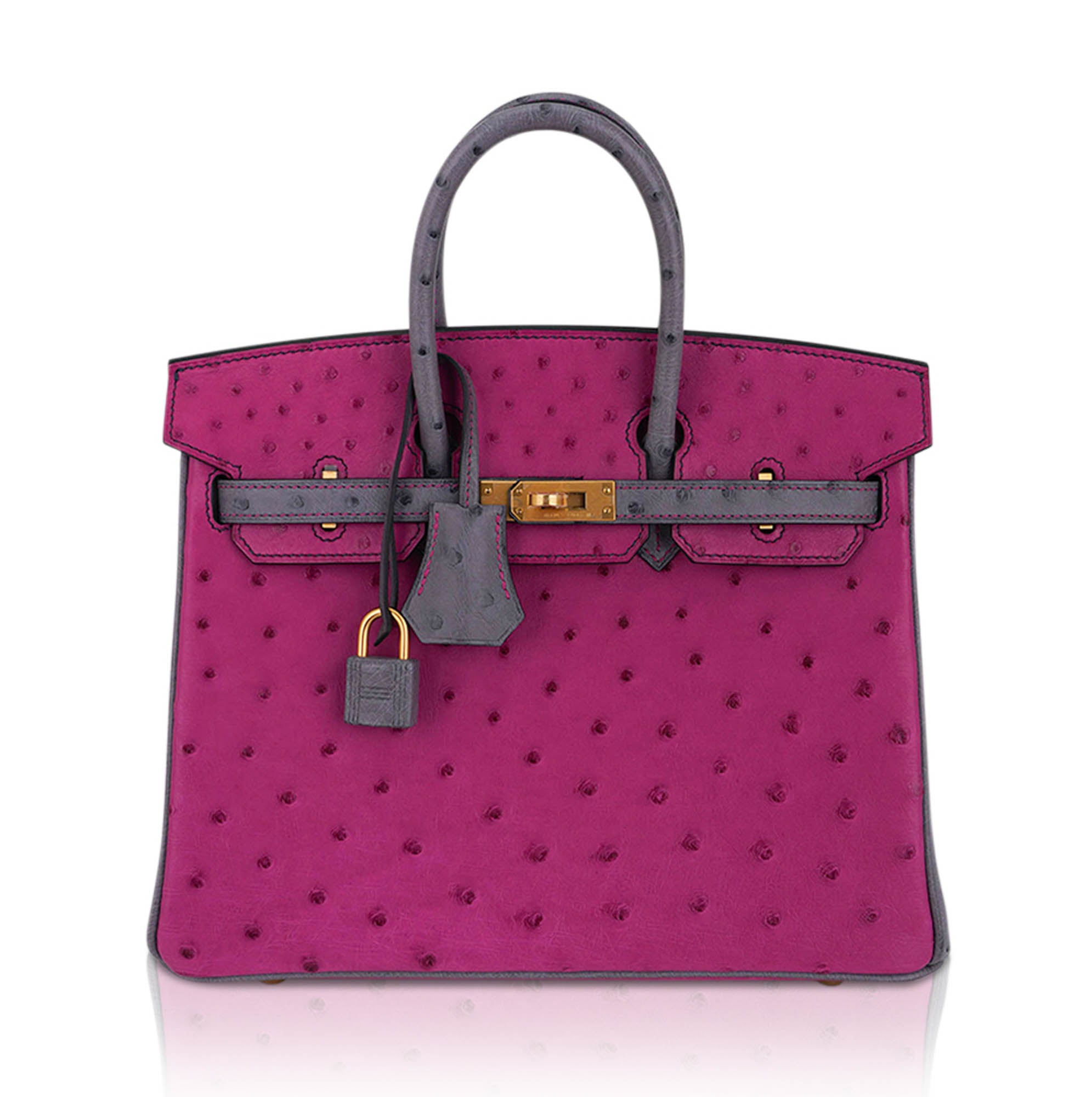 Birkin HSS 25 Bag Rose Pourpre and Gris Agate Ostrich with Gold Hardware