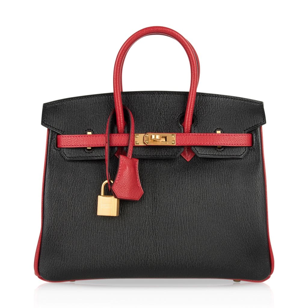 Birkin HSS 25 Bag Noir / Rouge Casaque Chevre Brushed Gold Hardware