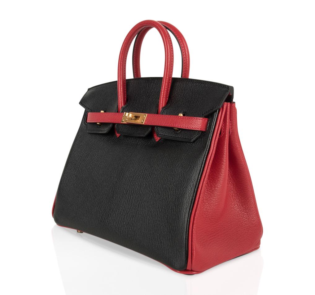 Birkin HSS 25 Bag Noir / Rouge Casaque Chevre Brushed Gold Hardware