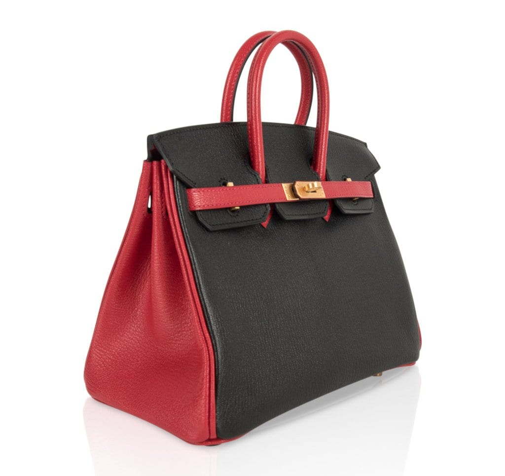 Birkin HSS 25 Bag Noir / Rouge Casaque Chevre Brushed Gold Hardware