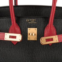 Birkin HSS 25 Bag Noir / Rouge Casaque Chevre Brushed Gold Hardware