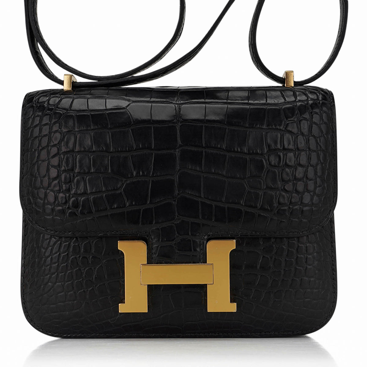 Mini Constance 18 Bag Black Matte Alligator with Gold Hardware and Mirror