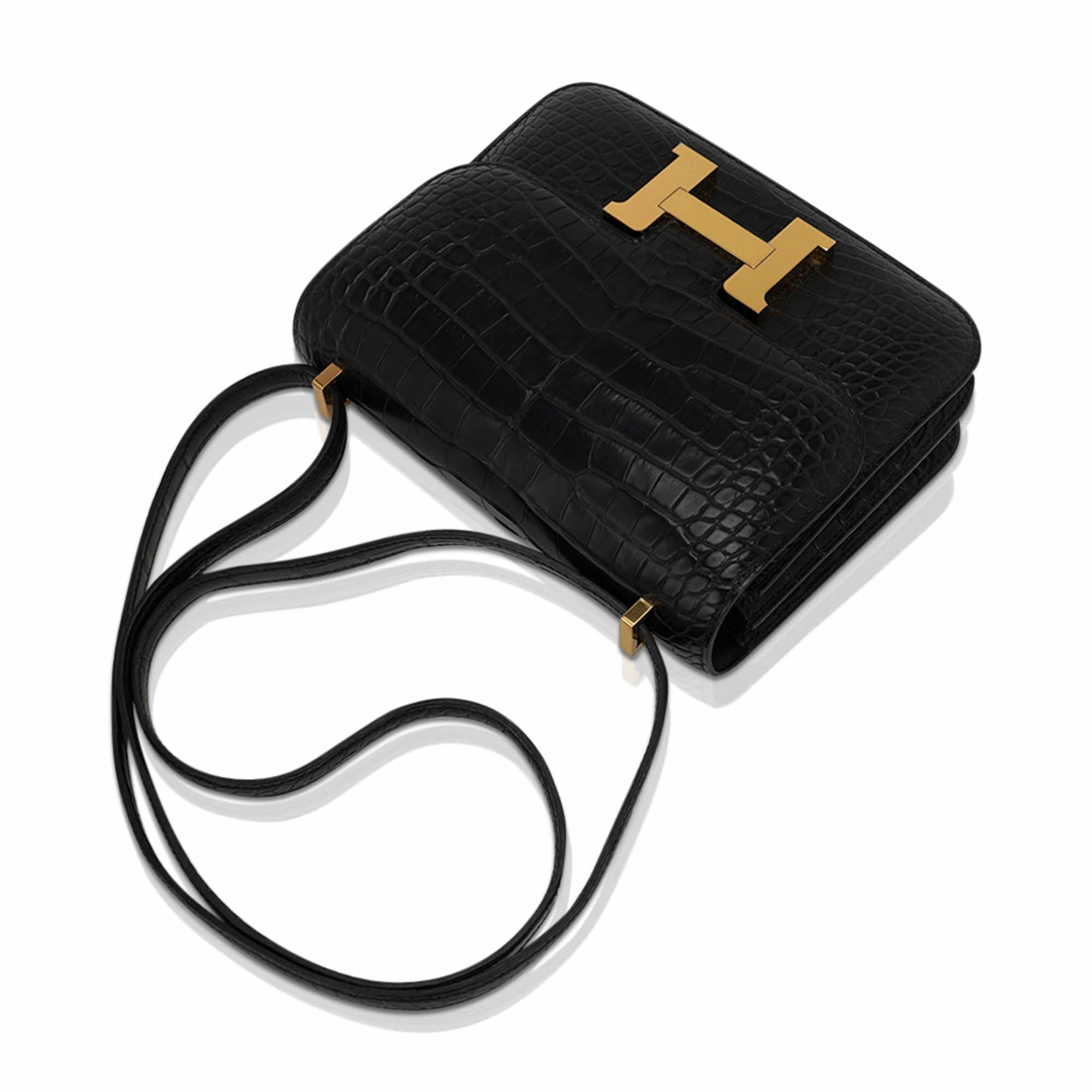 Mini Constance 18 Bag Black Matte Alligator with Gold Hardware and Mirror