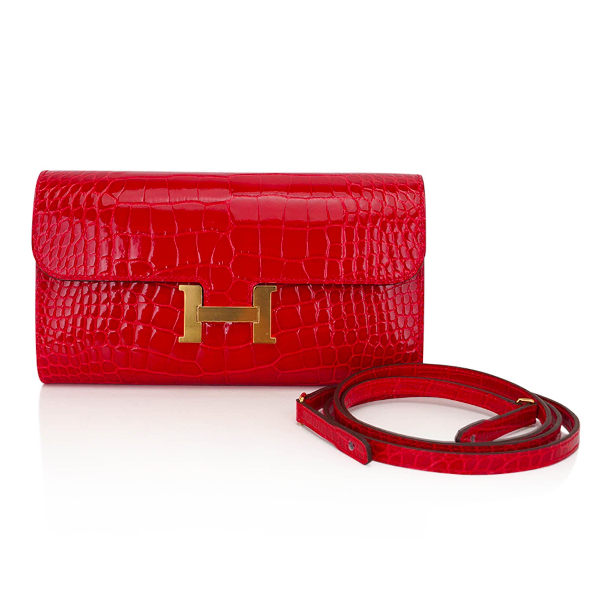 Constance Long To Go Wallet Lipstick Red Braise Alligator with Gold Hardware