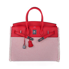 Limited Edition Birkin 35 Bag Fray Fray Framboise Toile and Swift Leather with Palladium Hardware