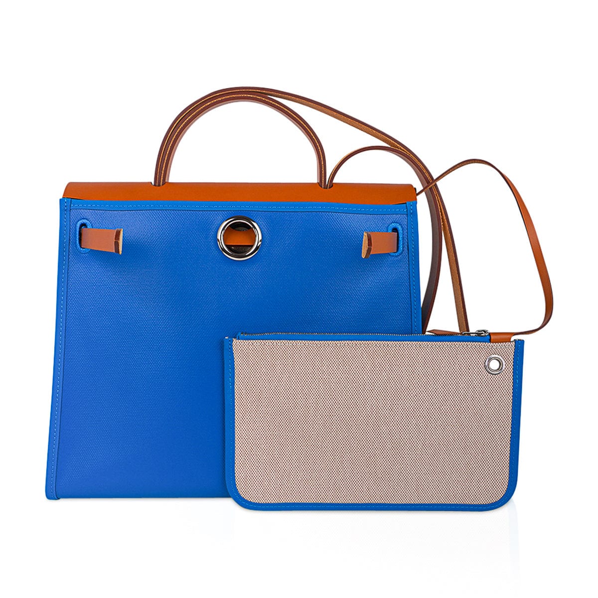 Herbag Zip 31 Bag Blue Frida Berline Canvas Vache Naturelle Leather with Palladium Hardware