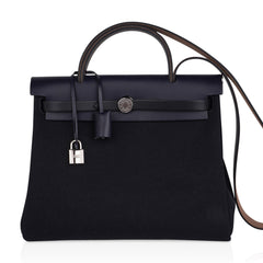 Herbag Zip 31 Bag Black Canvas & Blue Indigo Vache Hunter Leather with Palladium Hardware