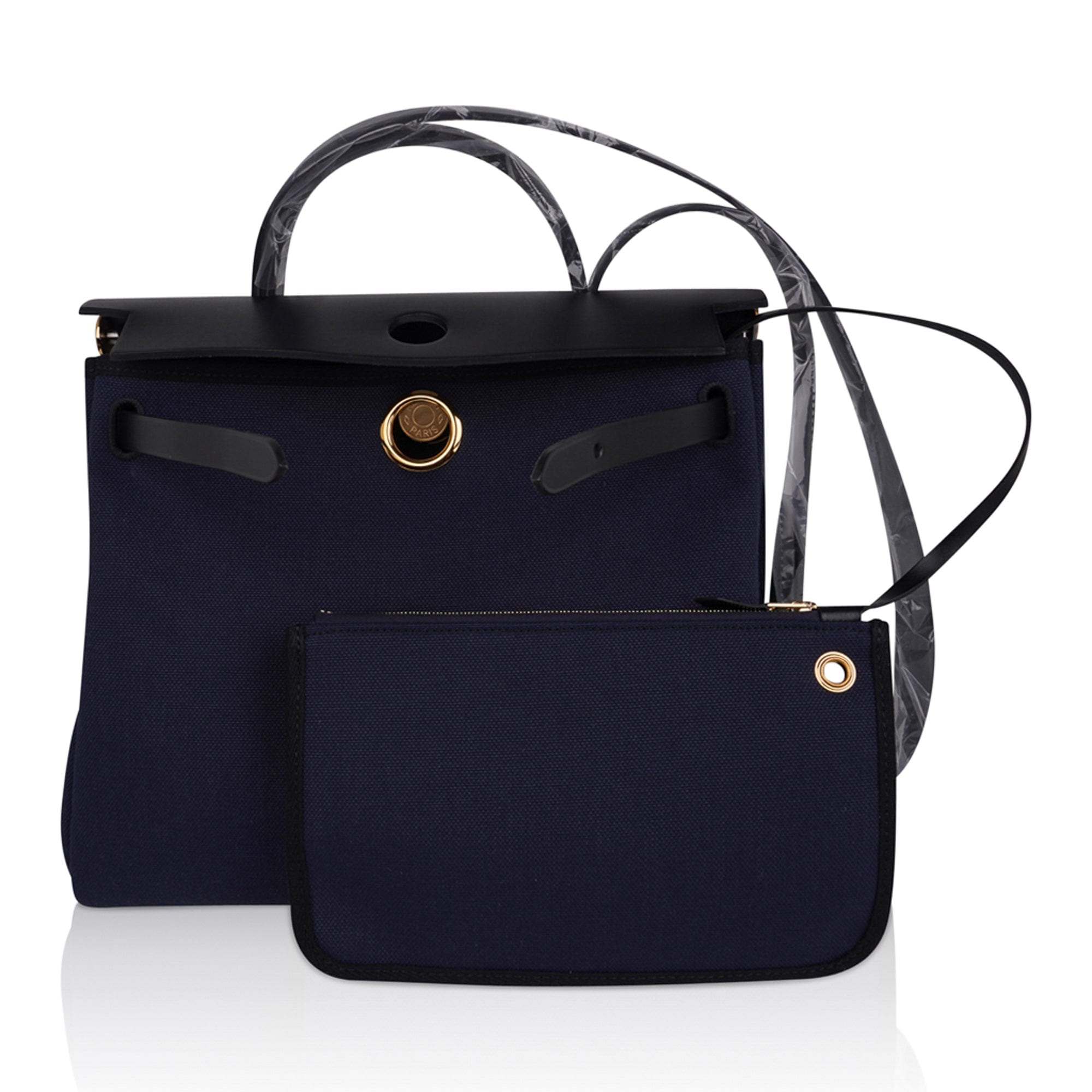 Herbag Zip 31 Bag Blue Indigo Toile Black Vache Hunter Leather with Gold Hardware