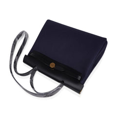 Herbag Zip 31 Bag Blue Indigo Toile Black Vache Hunter Leather with Gold Hardware