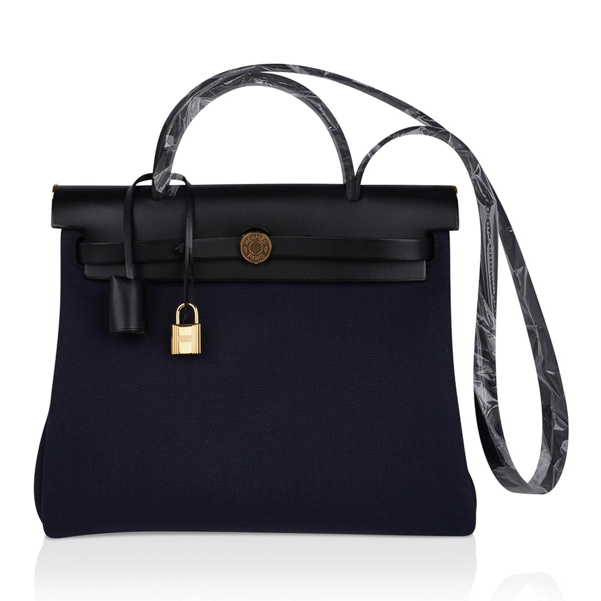 Herbag Zip 31 Bag Blue Indigo Toile Black Vache Hunter Leather with Gold Hardware