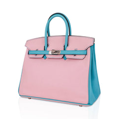Special Order HSS Birkin 25 Bag Rose Sakura & Blue Atoll Swift Leather Palladium Hardware