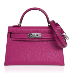 Mini Kelly 20 Bag Sellier Rose Pourpre Chevre Leather with Palladium Hardware