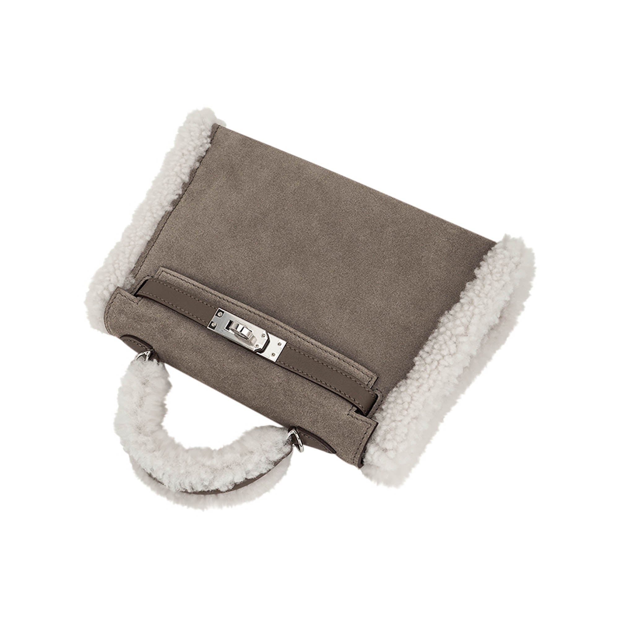 Kelly 20 Teddy Bag Pluch Shearling Gris Caillou Grizzly and Etoupe Swift Leather
