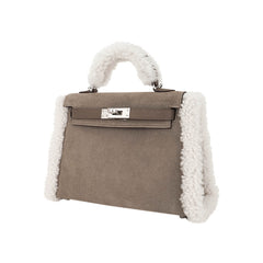 Kelly 20 Teddy Bag Pluch Shearling Gris Caillou Grizzly and Etoupe Swift Leather