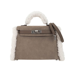 Kelly 20 Teddy Bag Pluch Shearling Gris Caillou Grizzly and Etoupe Swift Leather