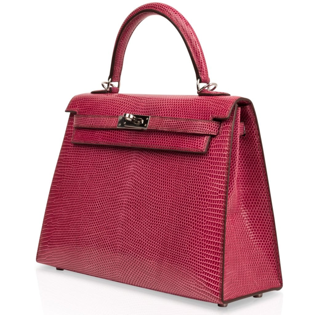 Kelly 25 Sellier Bag Fuschia Lizard with Palladium Hardware