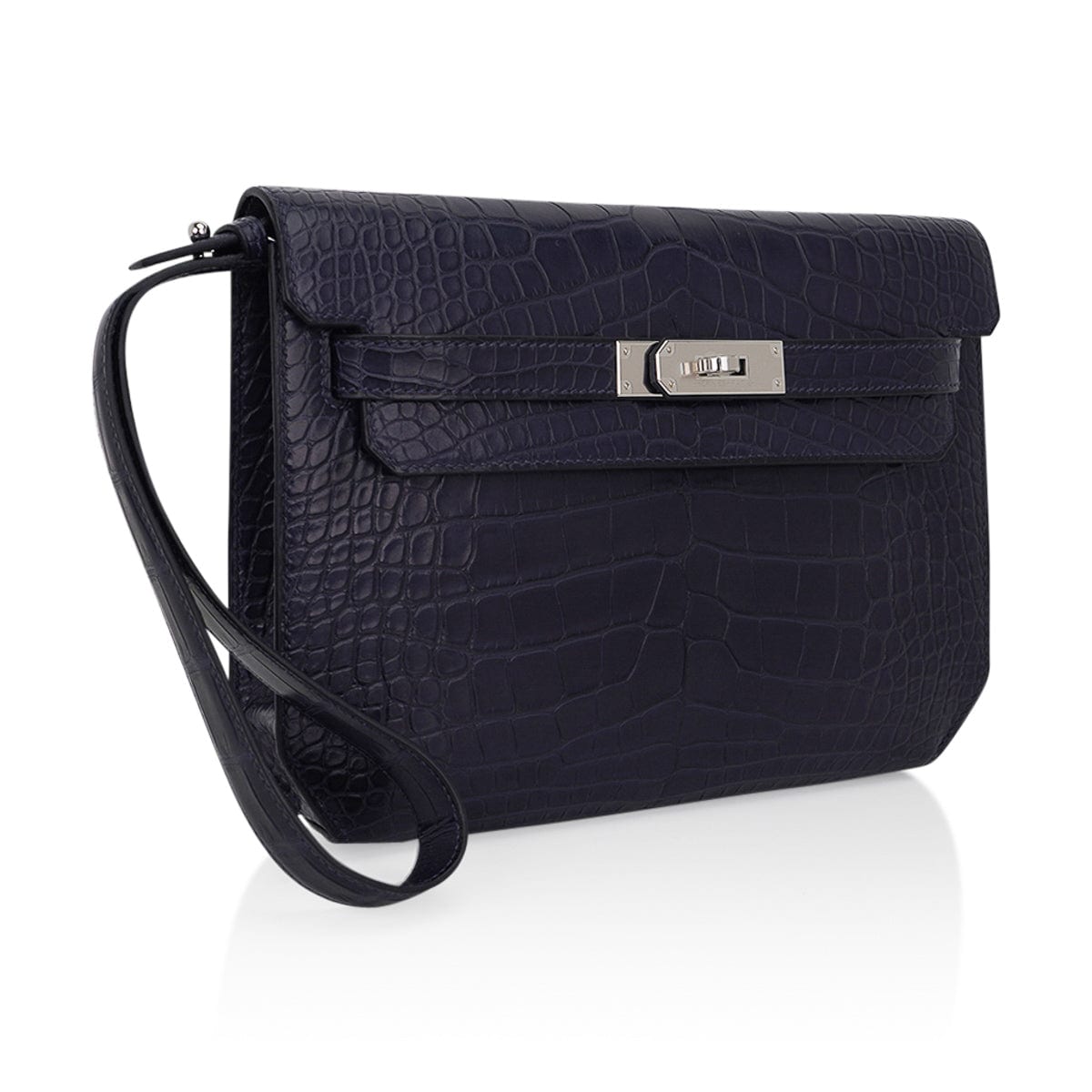 Kelly Depeches 25 Pouch Blue Indigo Matte Alligator with Palladium Hardware