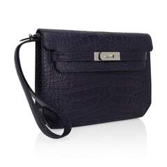 Kelly Depeches 25 Pouch Blue Indigo Matte Alligator with Palladium Hardware
