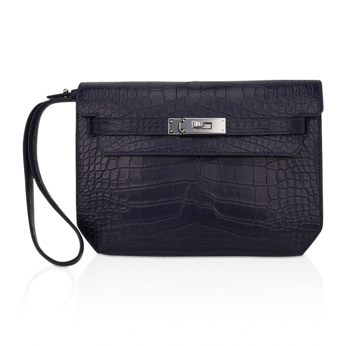 Kelly Depeches 25 Pouch Blue Indigo Matte Alligator with Palladium Hardware