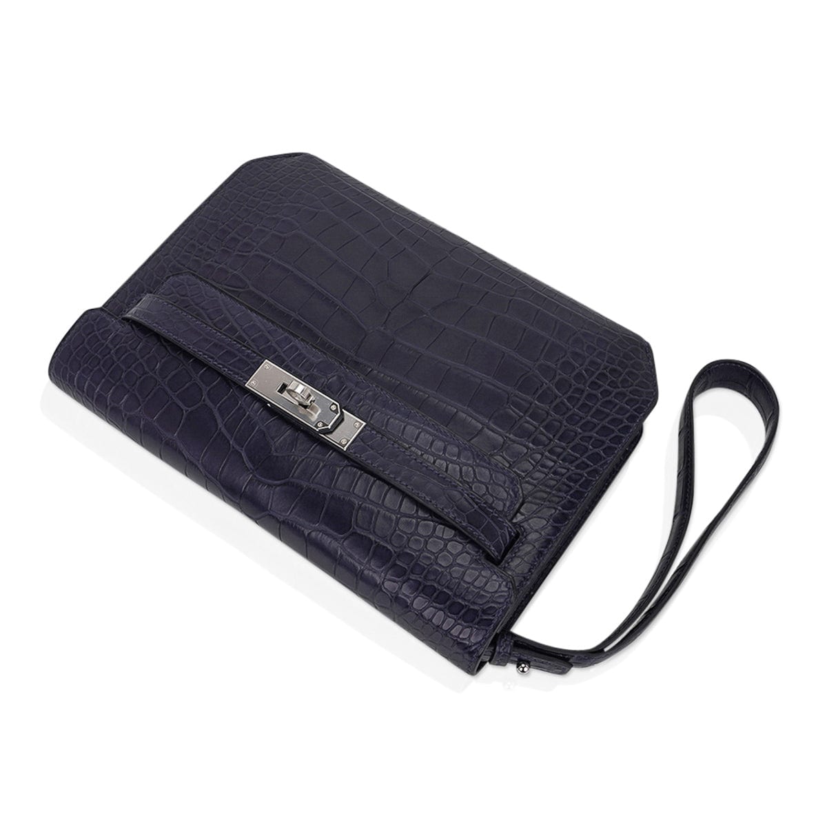 Kelly Depeches 25 Pouch Blue Indigo Matte Alligator with Palladium Hardware
