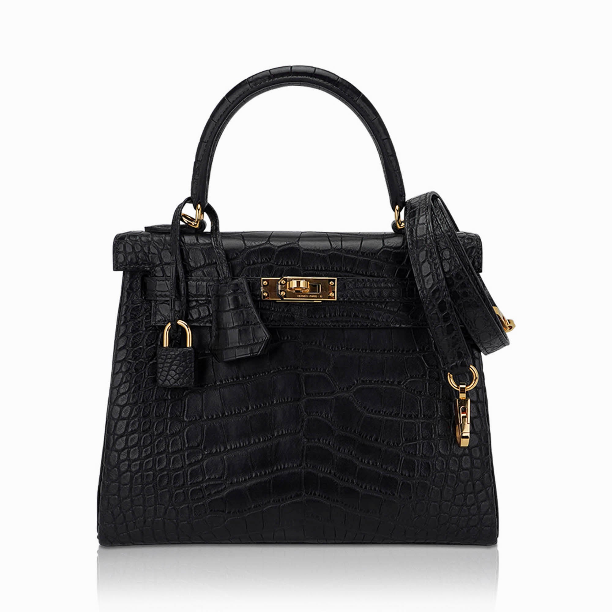 Kelly 25 Retourne Bag Black Matte Alligator with Gold Hardware