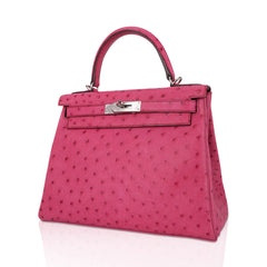 Kelly 25 Retourne Bag Fuchsia Ostrich with Palladium Hardware