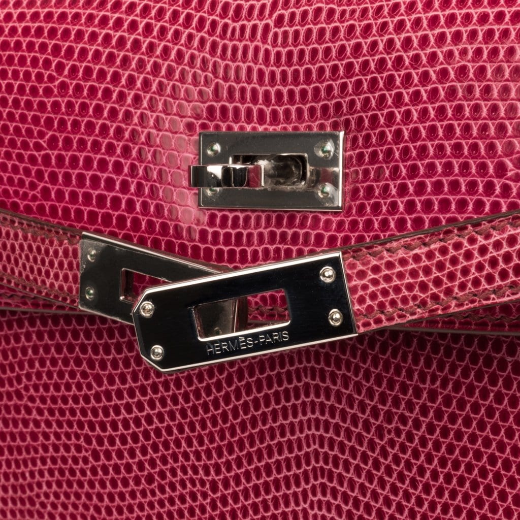 Kelly 25 Sellier Bag Fuschia Lizard with Palladium Hardware
